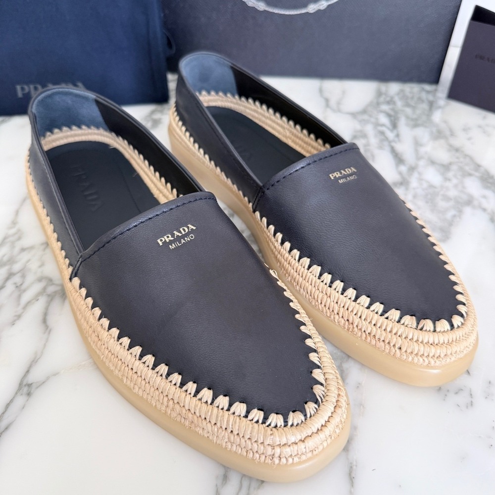 Prada Nappa Leather Mens Loafers Blue Espadrille Rope Trim SlipOn 2DG156 US8 - Picture 3 of 14